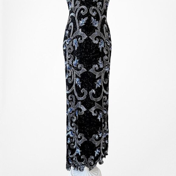 Vintage Black Blue Floral Beaded Silk Bodycon Maxi Prom Dress Size M - Picture 7 of 8
